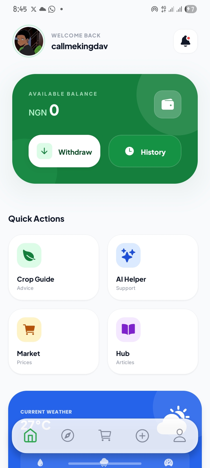Flink home dashboard showing wallet, quick actions, and weather insights