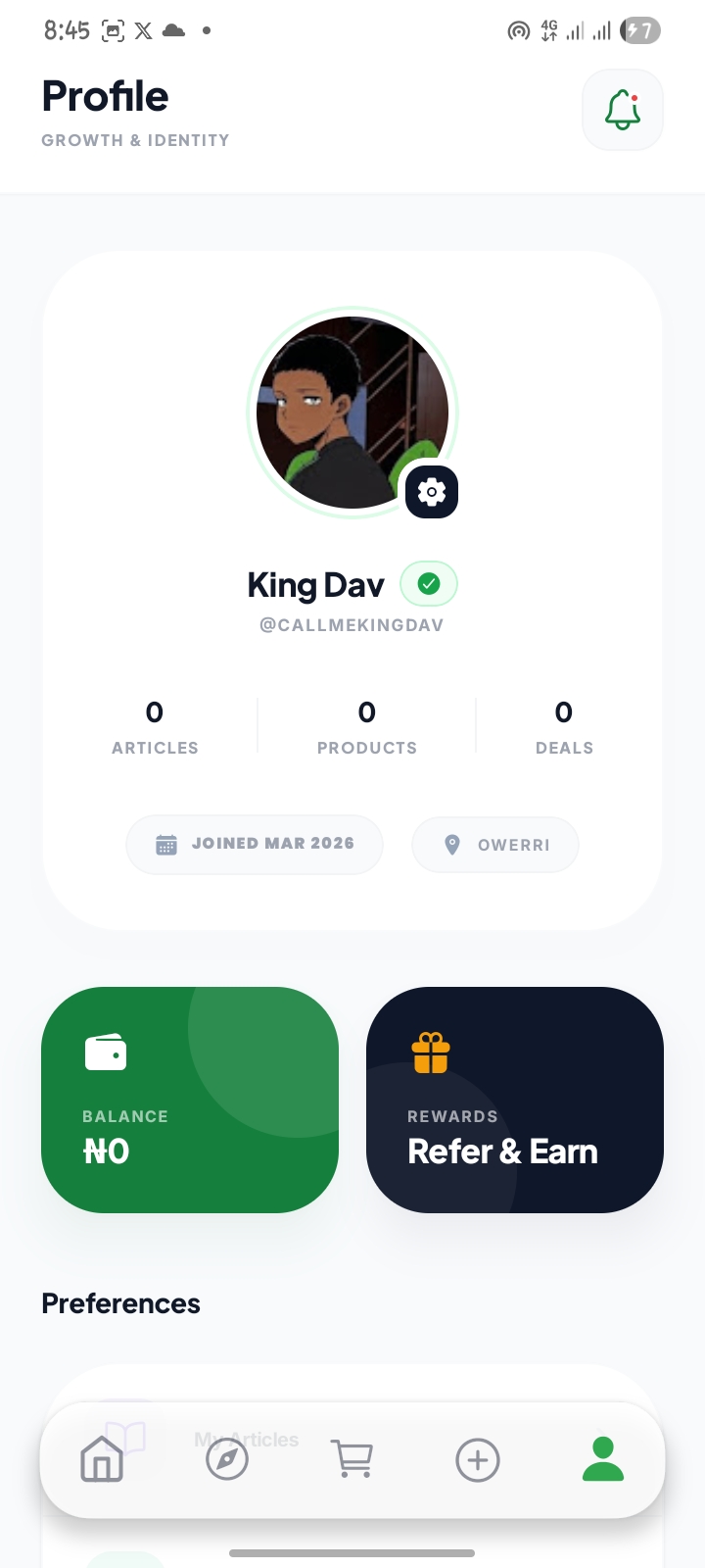 Flink profile screen showing farmer identity, wallet card, and app navigation
